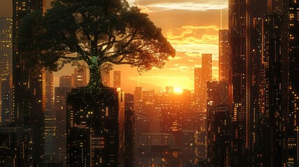 Wall Mural - Sunset Over a Futuristic Cityscape with a Tree on a Skyscraper