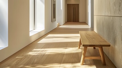 Wall Mural - Minimalist wooden bench with smooth finish and tapered legs in a modern hallway