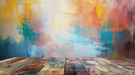 Poster - A wooden tabletop with a rustic finish sits in front of a blurred background of colorful abstract brushstrokes.