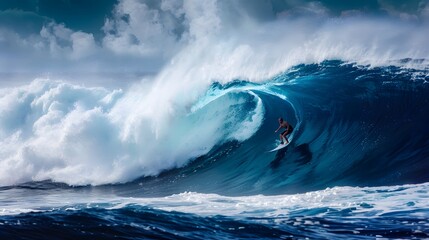 Wall Mural - surfing wave: a surfer catching a massive wave, body balanced on the board and water curling above.