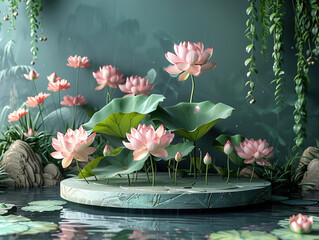 Podium background lotus pond product 3D platform nature scene display. Lotus pond podium background product stage beauty