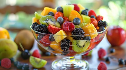 Wall Mural - A refreshing fruit salad with a variety of colorful fruits in a glass bowl.