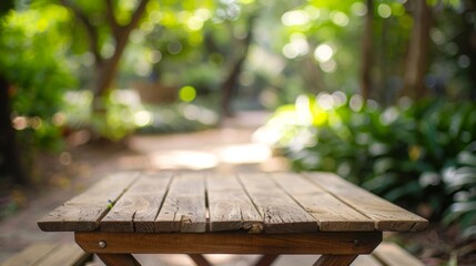 Poster - A wooden picnic table sits in a forest, with sunlight filtering through the trees.