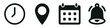© ShafiqGFX - Location, Time, Date and notification icon vector. Address location pointer calendar and alarm bell icons collection.