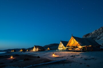 Luxury tourist camp with tents in the desert on the coast, travel concept, tourist discoveries, new places, unusual trips