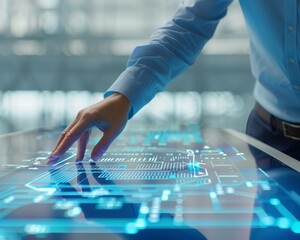 Wall Mural - Business professionals analyzing blueprint on holographic table in high tech office space