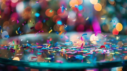 Leinwandbilder - Confetti falls on a glass table, with bokeh lights in the background.