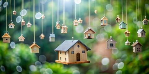 Wall Mural - A miniature house model is suspended in mid-air, surrounded by confused expression symbols, conveying the uncertainty and deliberation of selecting the perfect dream home.