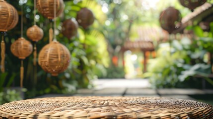 Poster - A wicker tabletop sits in the foreground of a tropical garden setting. The background is blurred, revealing lush greenery and hanging wicker lanterns.