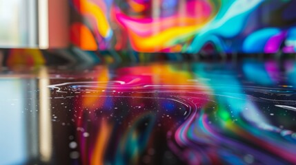 Aufkleber - Colorful abstract patterns reflected in a wet, dark surface, creating a vibrant and dynamic composition.