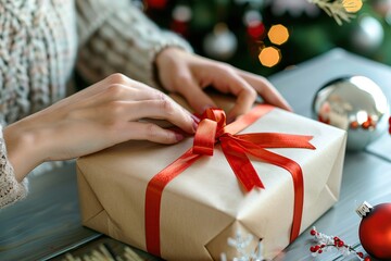 Woman in sweater is packing a gift box. Female hands tying red ribbon, bow around giftbox wrapped into craft paper, preparing Xmas presents. Christmas tree festive background. Close up. New year DIY