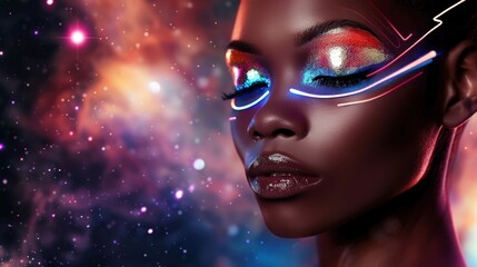 Wall Mural - Cosmic Beauty: African Woman with Vibrant Makeup and Stars