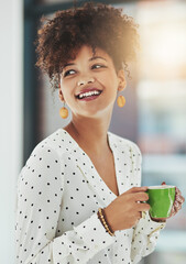 Poster - Tea cup, planning and business woman in office with smile, working and productivity for professional career. Thinking, ideas and coffee with designer for drinking, caffeine and boost energy for job