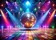 © Adisorn - Vibrant lights illuminate a nostalgic concert stage, complete with a giant shimmering mirrored disco ball, flashy colorful lights, and a sleek retro-fashioned dance floor.