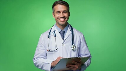 Wall Mural - A doctor man in a white coat, holding a clipboard and smiling confidently. Green screen backdrop.