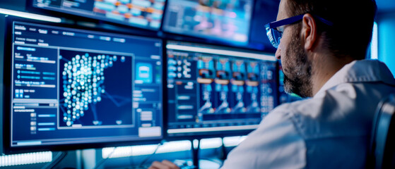 A computer scientist analyzing data on multiple monitors in a high-tech lab setting, focused on intricate information visualization.