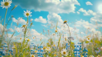 Wall Mural - Summer Meadow with Daisies and Blue Flowers