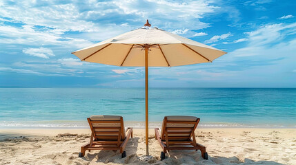 Poster - Two wooden lounge chairs with a large umbrella on a pristine sandy beach overlooking a calm blue sea under a partly cloudy sky.