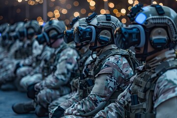 Poster - Virtual reality headset worn by soldiers while sailing a ship. Military VR and AR concept illustration with high quality.