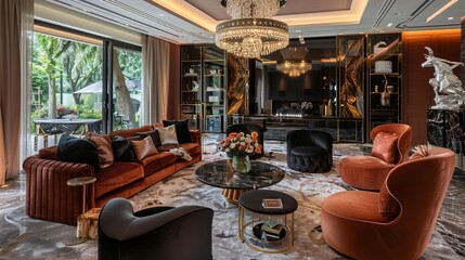 The interior is tastefully decorated with high-end furnishings, rich fabrics, and intricate details, creating an atmosphere of sophistication and refinement 