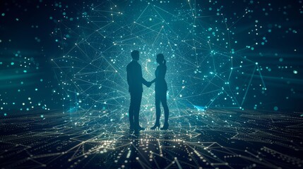 Handshake with wireframe design - Two hands join in a handshake overlaid with a blue digital wireframe, symbolizing technology and agreements