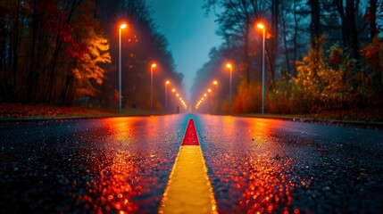 A Street At Night With A Red Line On The Road, Illuminated By Streetlights