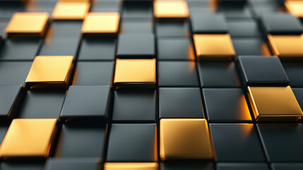 Wall Mural - close-up of black and gold glossy cubes arranged in a grid pattern creating a modern, futuristic abs