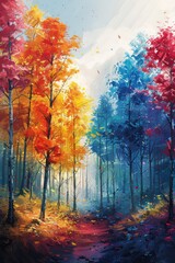 Wall Mural - A vibrant digital painting of a forest with colorful autumn and blue-hued trees under a bright sky, showcasing a serene and magical landscape.