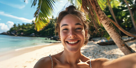 Caucasian woman smiling happy on tropical beach