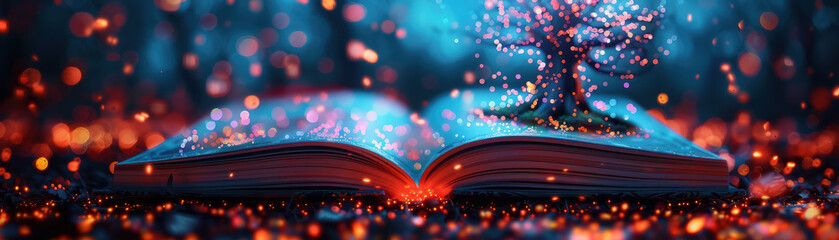 Wall Mural - an open book with a small magical tree growing out of it, surrounded by glowing particles, creating 