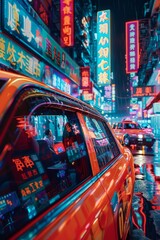 Poster - Midnight Taxi Ride. A taxi moving through a neon-lit city street at midnight. The vibrant colors of the neon signs and streetlights reflect off the taxi's windows