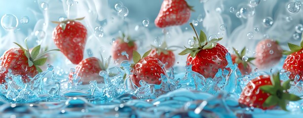 Playful splash of blue water with ample copy space, accented by floating strawberries and smoke for an engaging template