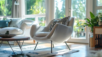 Contemporary lounge chair with fabric upholstery and metal legs in a bright living space