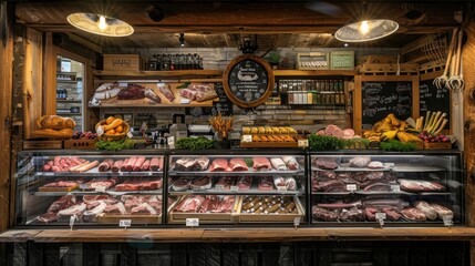 Composition of meat in the butcher shop in the display cabinet