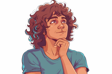 Dreamer with Curly Hair: A contemplative portrait of a young man with curly brown hair and blue streaks, lost in thought, hand on chin, gazing upwards, capturing the essence of pondering, curiosity, a