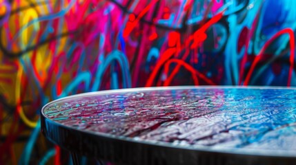 Aufkleber - A graffiti wall with red, blue, and yellow streaks is blurred in the background, reflecting in a wooden table top, creating an abstract design