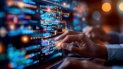 Decoding the Digital Frontier: A close-up shot of hands navigating intricate lines of code on a vibrant computer screen, embodying the essence of programming and software development.