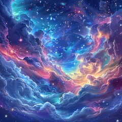 Wall Mural - Colorful cosmic clouds and stars create a mesmerizing celestial scene with swirling nebulae in a vivid, dreamy space background.