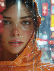 A close-up portrait of a young woman in an orange raincoat with raindrops on her face, set against a city backdrop