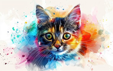 Vibrant artistic portrait of a cat with colorful watercolor splashes in the background, showcasing a blend of realism and abstract art.