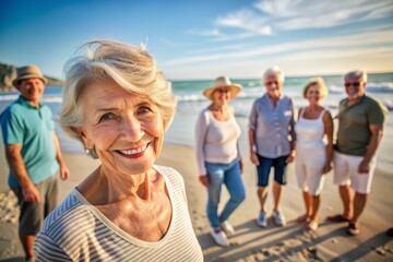 Senior woman smiling on a sunny beach with friends enjoying the sea