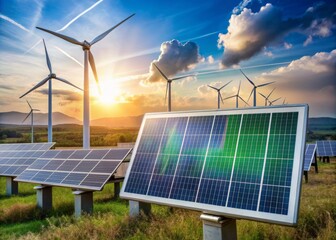 Monitor displaying real-time renewable energy data at a solar and wind power plant, symbolizing sustainable development and green technology through digitalization.