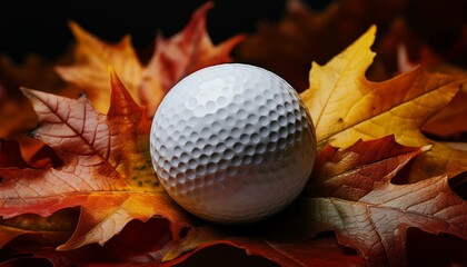 Wall Mural - autumn leaves on a black background, black and white leaf, autumn leaves background, golf ball on the grass, golf ball on autumn leaves close up shot