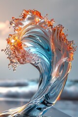 A stunning 3D-rendered abstract glass wave with vibrant orange and blue hues, capturing the energy and fluidity of ocean waves.