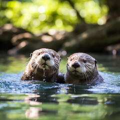 two otters swimming together with green leaves and sunlight reflections