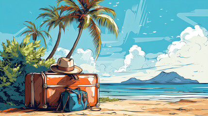 Wall Mural - Tropical Beach Vacation Luggage Under Palm Trees, painting