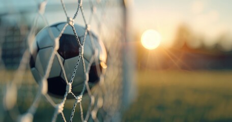 Canvas Print - Soccer Ball in Goal Net at Sunset