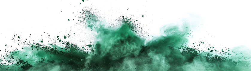 Wall Mural - Abstract green powder explosion on white background. Dynamic colorful cloud of particles creating vibrant artistic effect.