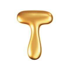 Wall Mural - 3d gold liquid letter T in y2k style isolated on a white background. Render of 3d golden inflated bubble alphabet with glossy effect. 3d vector y2k typography letter