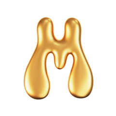 Wall Mural - 3d gold liquid letter M in y2k style isolated on a white background. Render of 3d golden inflated bubble alphabet with glossy effect. 3d vector y2k typography letter